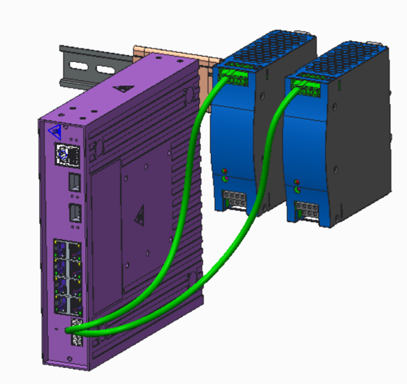 V300HT-8P-2X front facing, vertical orientation frontal view attached to the DIN rail, with dual 16807 PSUs directly attached to the DIN rail on the right side of the port extender