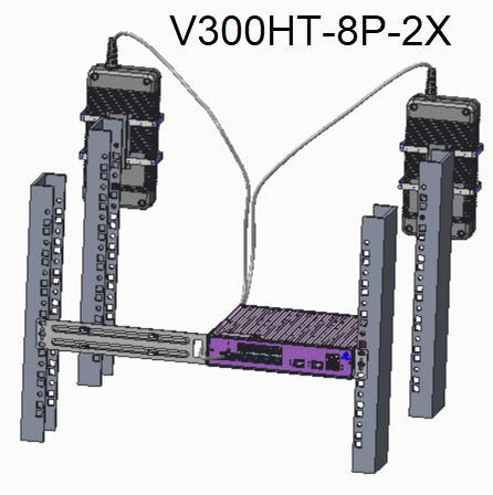 V300HT-8P-2X forward facing, single mounted to front right rack rail with long ear bracket attached to left rail and one PSU cable tied to each rear rack rail