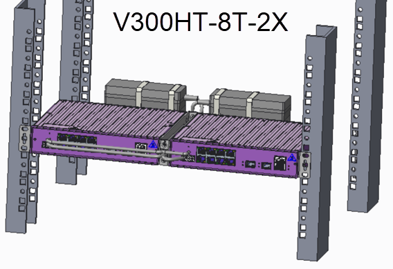 V300HT-8T-2X forward facing side-by-side, dual mounted to front rails and one PSU cable tied to the rear of each port extender