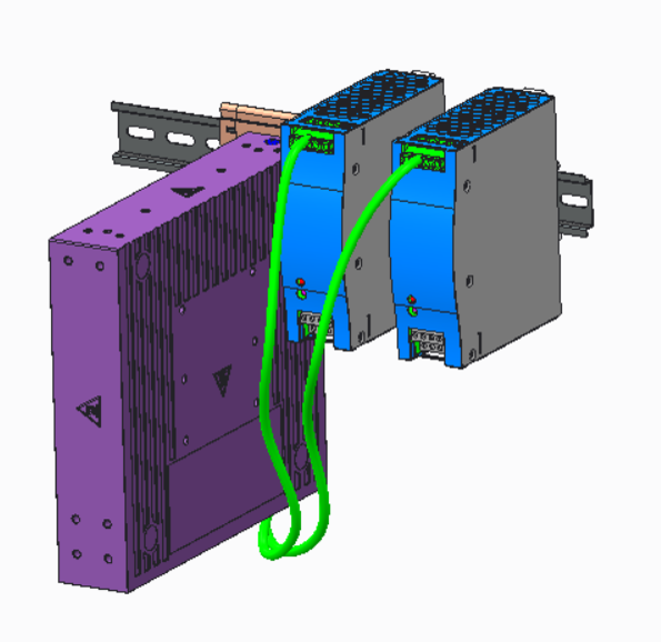 V300HT-8P-2X downward facing, vertical orientation frontal view attached to the DIN rail, with dual 16807 PSUs directly attached to the DIN rail on the right side of the port extender