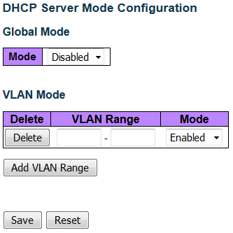 DHCP Server Mode Configuration dialog, with settings for Global Mode and VLAN Mode