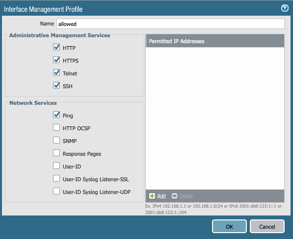 Palo Alto Firewall Interface Management Profile Window