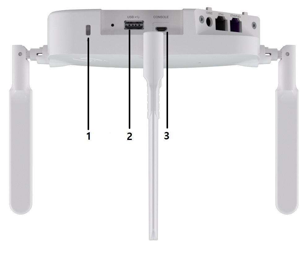 The AP3000 access point facing forward with the Kensington security slot , the reset button, the 2.0 USB type A port in the middle, and the Console port on the right.
