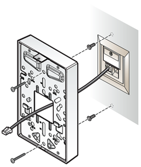 Image of a EU model junction box with one end of the RJ45 cable attached to the junction box port and the other end of the RJ45 cable being fed through the large center hole on the stainless-steel bracket.