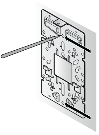 A stainless-steel bracket placed against a solid flat wall. A pencil is used to mark the wall installation holes for drilling. The holes are indicated by solid black arrows.