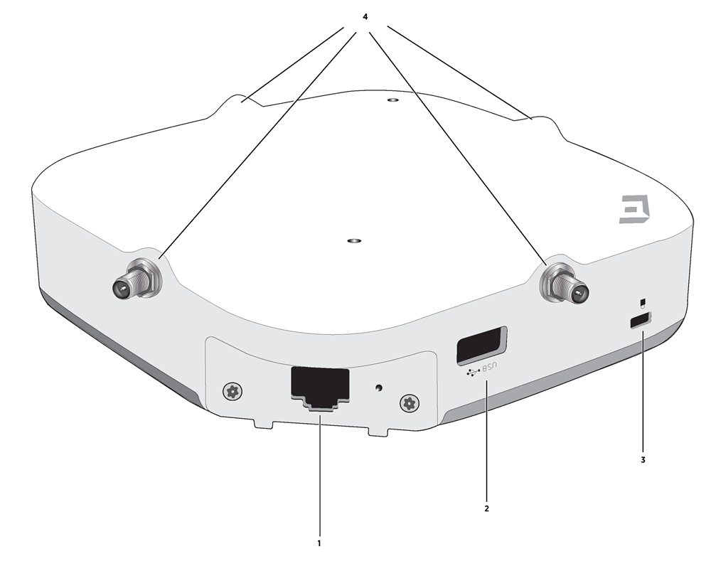 A square access point with external antenna connectors with numerical callout highlighting the hardware components in the Table: AP305CX hardware component description.