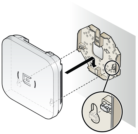 Image of the internal antenna model access point being attached to a square box bracket on a wall. In this image, the bracket corners are broken off.