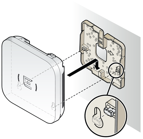 Image of the internal antenna model access point being attached to a square box bracket on a wall. In this image, the bracket corners are kept in-tact.