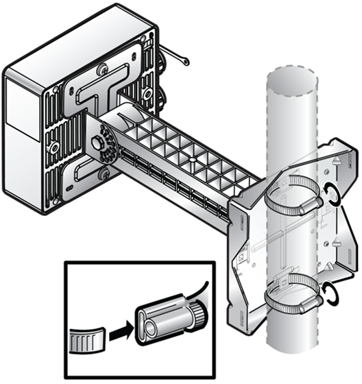 Image of the ART02 bracket mounted to the back of the AP360i access point. On one end of the ART-02 bracket, the POLE01 bracket is mounted, and the POLE01 bracket has cable clamps that are being attached around a pole.