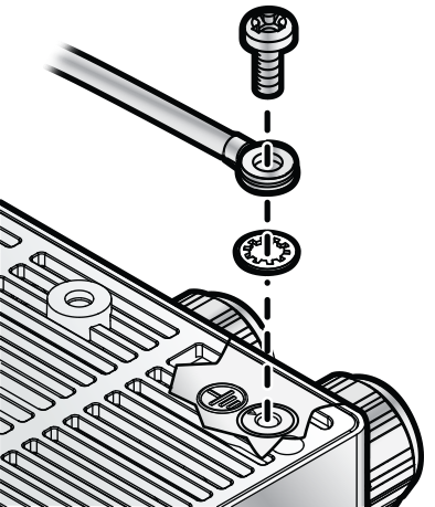 Image of the back of the AP360e access point showing the M4 ground screw being inserted into the ground wire ring terminal.