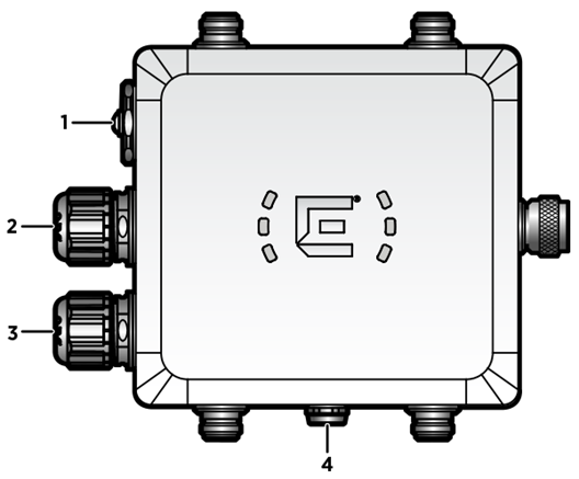 Image of the AP360e access point with numerical callouts indicating the console port and reset button cap, GE2 port, GE1-PoE port on the left side of the image, and vent on the bottom of the access point.