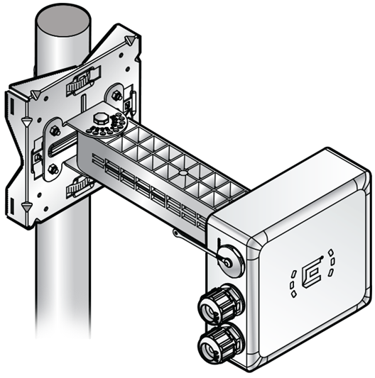 Front view of the AP360i access point attached to a pole using MBO-ART02 articulating mounting bracket and POLE01 bracket.