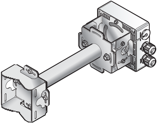 Back view of the AP360i access point showing the KT-147407-02 1-axis tilt part and flat part mounted on the access point. One end of the KT-150173-01 extension arm is mounted on the 1-axis tilt part, and the KT-147407-02 pole part is mounted on the other end of the extension arm.