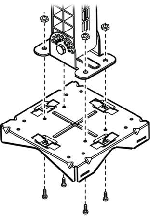 Image of WS-MBO-POLE01 bracket being attached to the MBO-ART02 articulating mounting bracket using four M3 screws, nuts, and washers