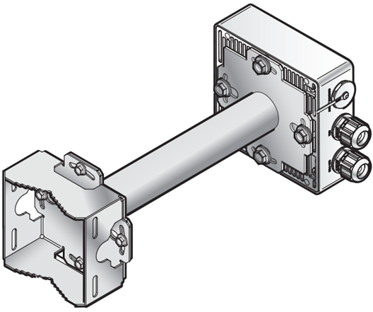 Back view image of the AP360i access point showing the KT-150173-01 extension arm mounted on to the access point. The KT-147407-02 pole part is attached to one end of the KT-150173-01 extension arm.