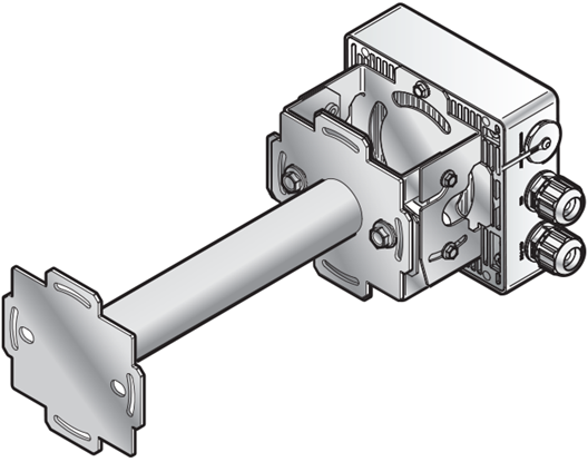 Image of the AP360i access point with the KT-147407-02 bracket flat part, 1-axis tilt part, and the KT-150173-01 extension arm, attached to the back of the access point.