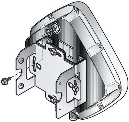 Flat metal bracket being attached to the back of the -AX adapter on an outdoor access point.