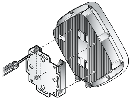 Metal bracket being attached to the back of an outdoor access point using screws and bolts.