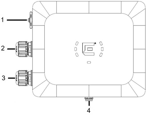 Image of the AP460i access point with numerical callouts indicating the console port and reset button cap, GE2 port, GE1-PoE port on the left side of the image, and vent on the bottom of the access point.