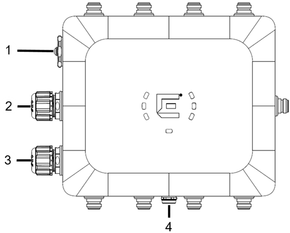 Image of the AP460e access point with numerical callouts indicating the console port and reset button cap, GE2 port, GE1-PoE port on the left side of the image, and vent on the bottom of the access point.