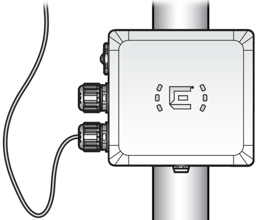 Image of the access point with the drip loop. The drip loop must form a U-shaped loop, and it is the cable attached to the GE2-PoE port.