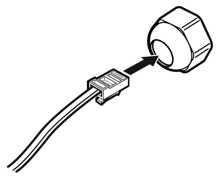 Image of the RJ45 cable being inserted through the sealing nut.