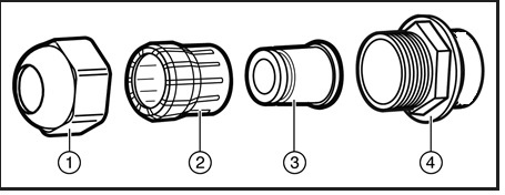 Four AP5050U cable glands. From left to right: a gland cap, a gland cage, a gland LAN cable gasket, and a gland body.