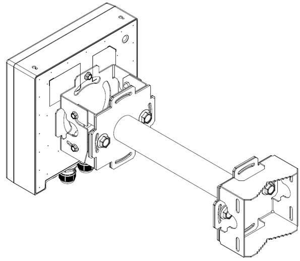 Image of the AP560i access point with KT-1147407-02 flat bracket parts attached to the back of the access point. One end of the KT-150173-01 extension arm is attached to the 1-axis tilt part of the KT-147407-02 bracket and the other end has the KT-147407-02 pole part attached to it.