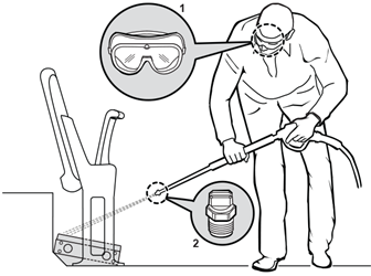 A person pressure washing the access point that is placed under a seat. The person is wearing safety goggles and holding a pressure washer with water stream coming out of the nozzle.