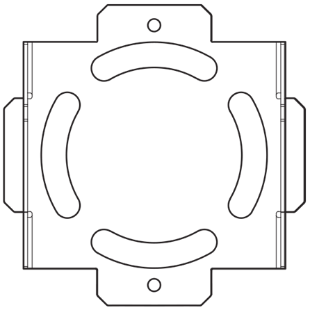 Image of the flat part of the KT-147407-02 bracket part. The flat part is square in shape and has four large semi-circular cuts on its front face.