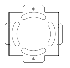 Metal bracket with four semi-circular cuts on each corner.