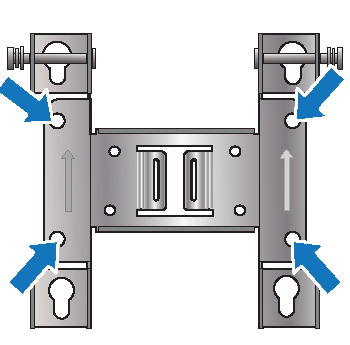 Image of the stainless-steel ASM accessory wall mount highlighting the four mounting holes located in the center edges of the accessory. The arrows printed on the accessory are pointing up.