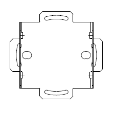 Metal box bracket straight-on view displaying four semi-circular cuts on each edge.