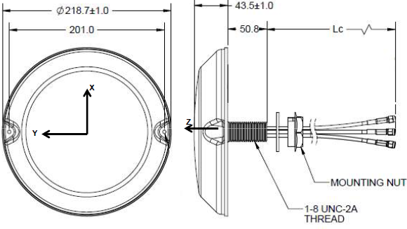 Image of the ML-2452-PTA4M4-036 circular antenna with mounting nut pointing out.