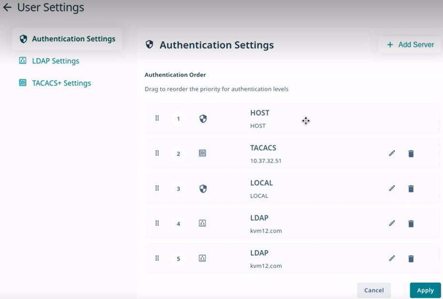 Authentication settings window