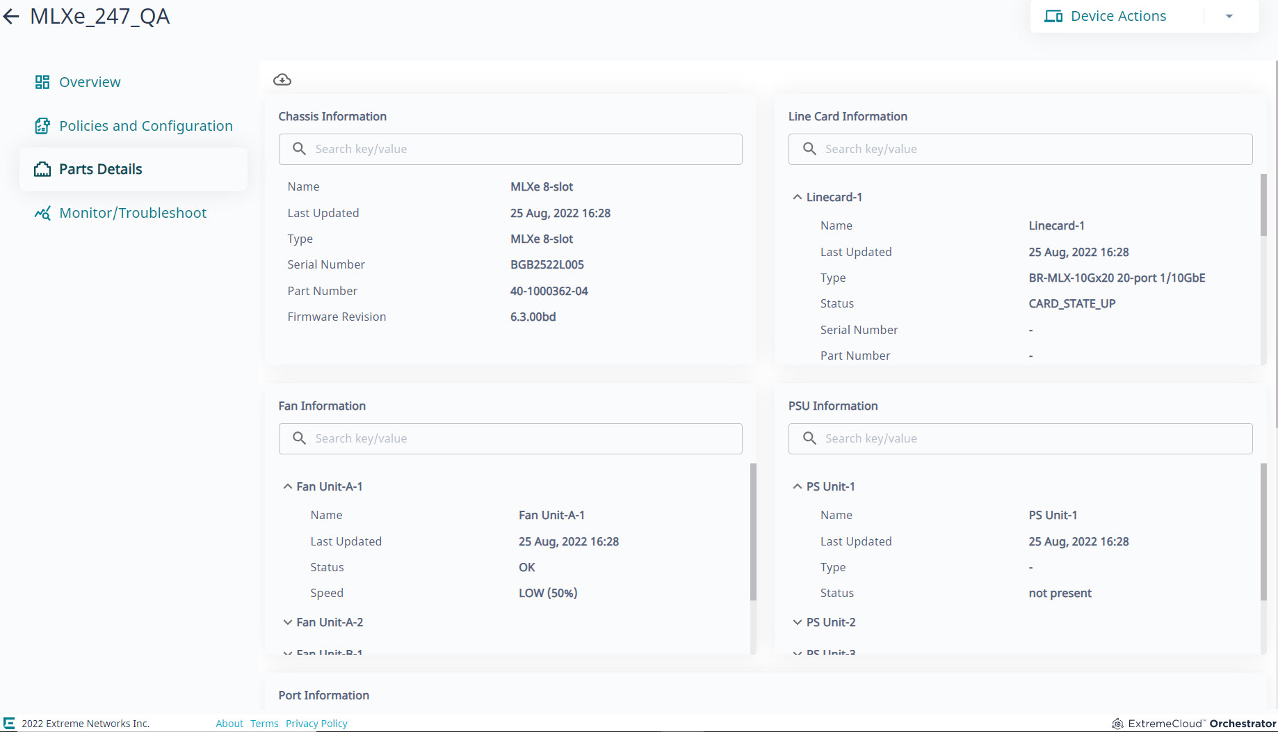 Overview of an MLX device: Chassis Information, Line Card Information, Fan Information, PSU Information, Port Information, Slot Information