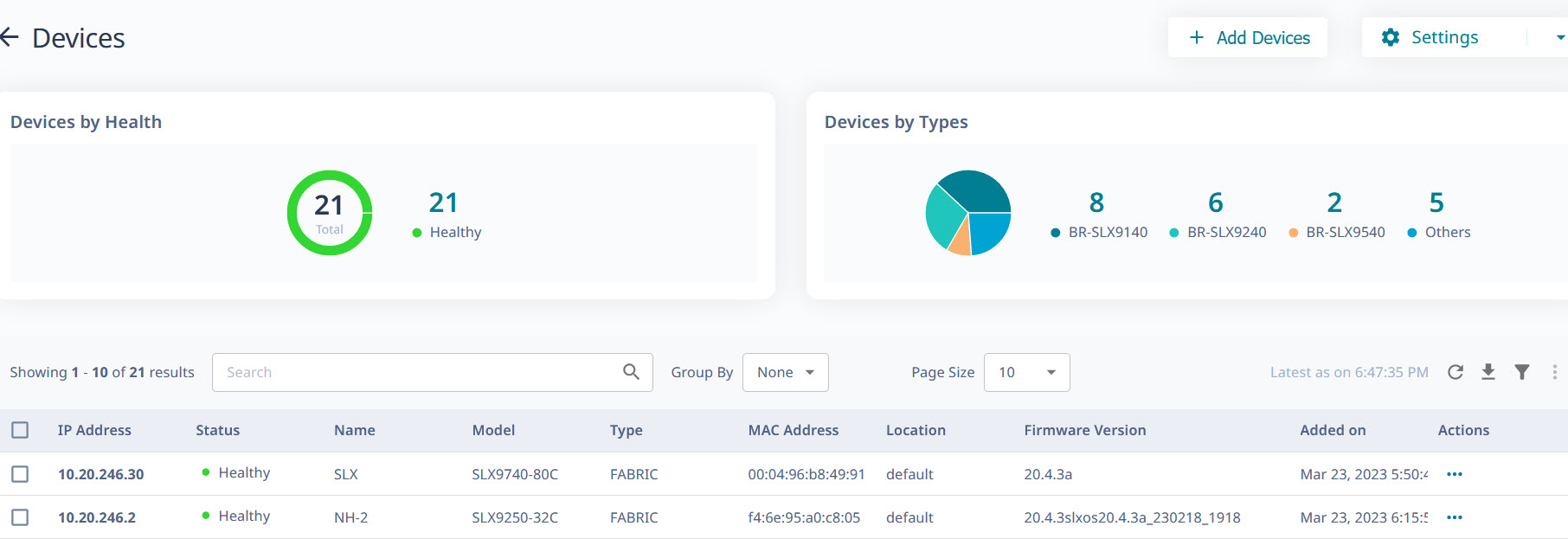 Devices page