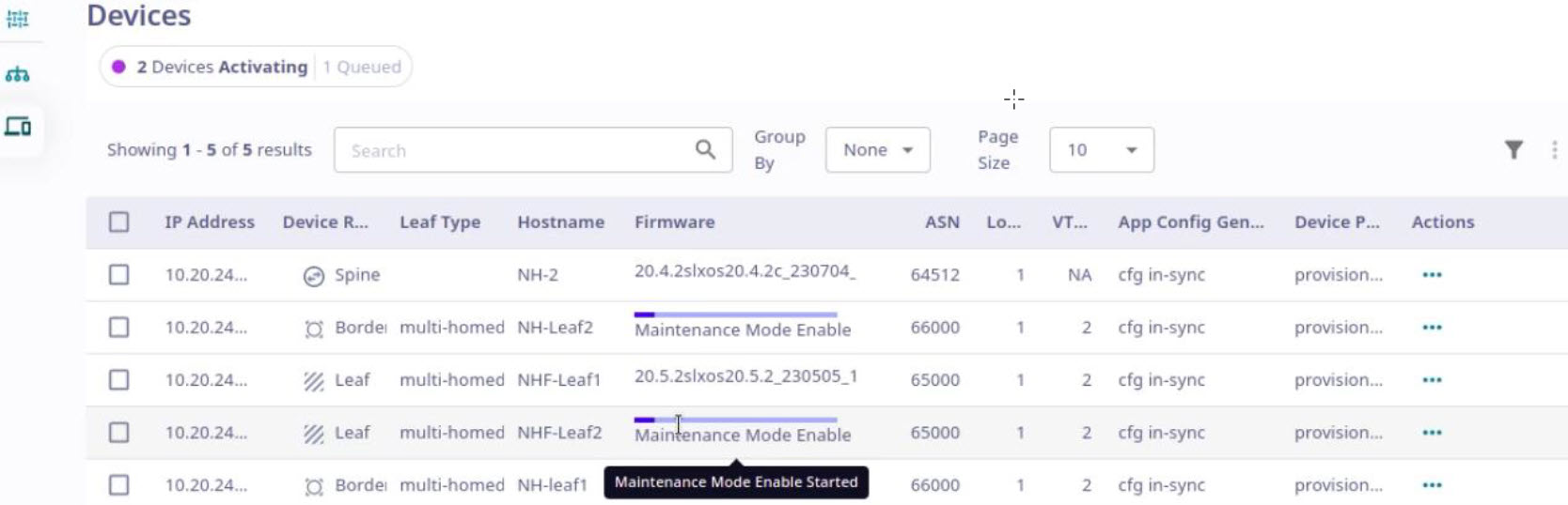 Fabric device upgrade status