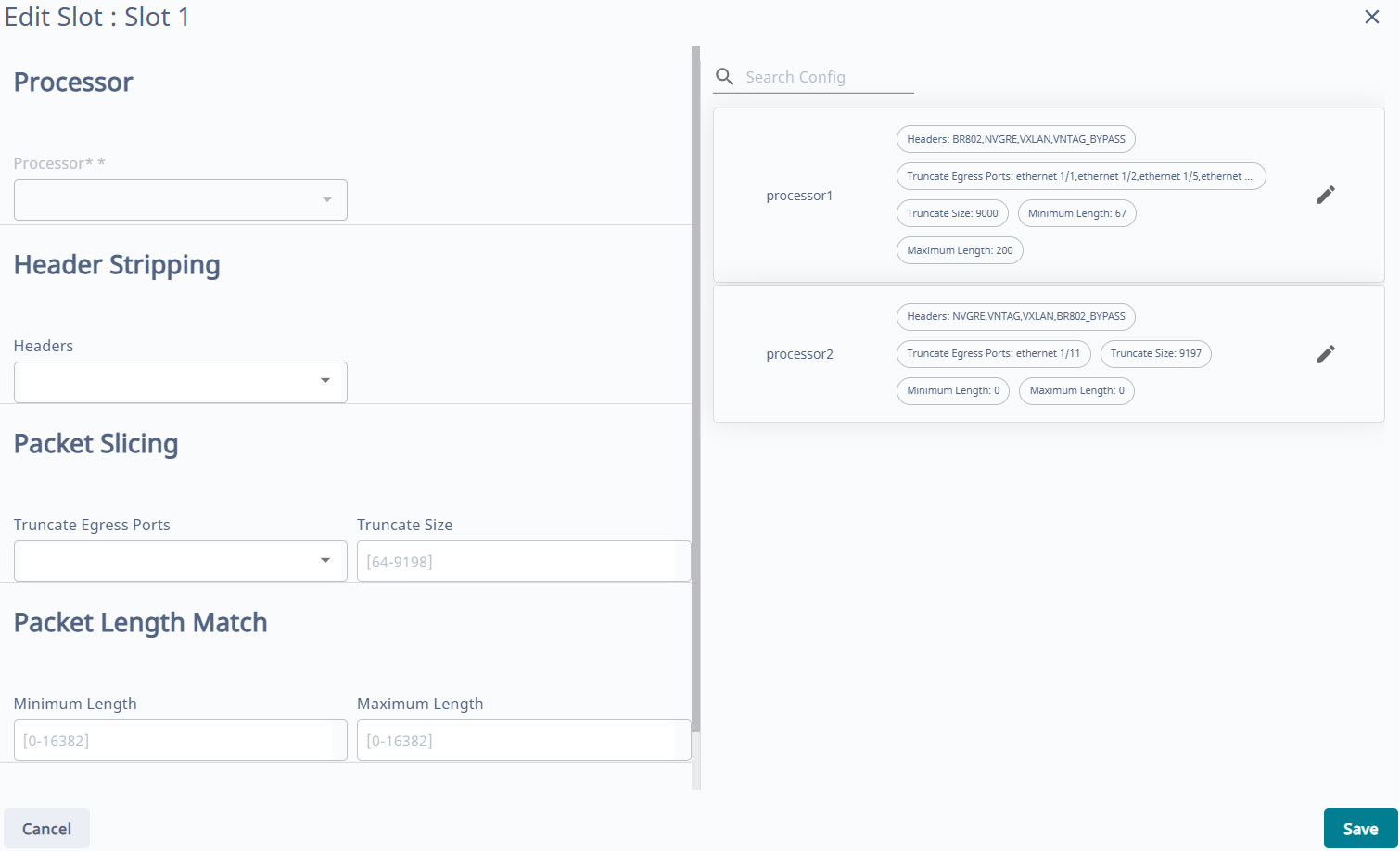 Screen shot of the configuration page, showing the configuration of 2 processors