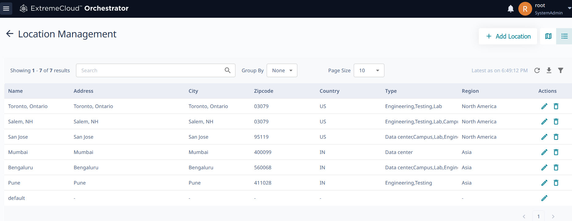 Location Management lists locations