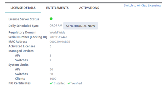 Controller License Details tab offers connected mode or air gap mode