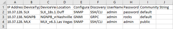 A spreadsheet with 9 columns and 4 rows. Column 1 contains IP addresses. Column 2 contains device types. Column 3 contains device versions. .Column 4 contains the names of locations. Column 5 contains the configuration protocol, such as SNMP. Column 6 contains the default user name for the device. Column 7 contains the password for the default user. Column 8 contains the community string.
